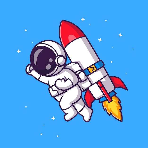 Lindo astronauta volando con cohete en la ilustración de icono de vector de dibujos animados de espacio. Icono de la tecnología de la ciencia