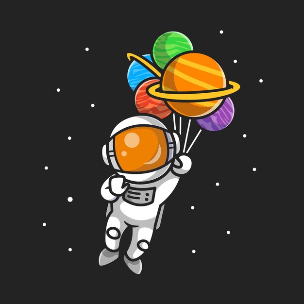 Lindo astronauta volando con globos de planeta en dibujos animados de espacio