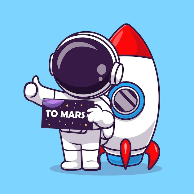 Lindo astronauta yendo a marte con cohete cartoon vector icono ilustración ciencia tecnología icono
