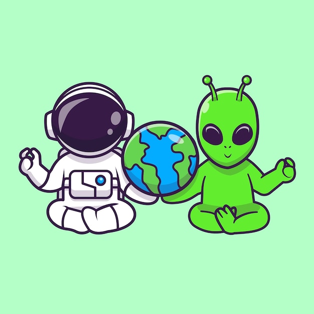 Lindo astronauta y yoga de meditación alienígena con ilustración de icono de vector de dibujos animados de globo terráqueo. Ciencias