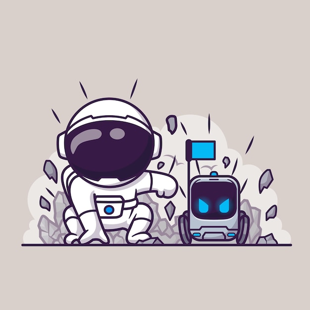 Lindo aterrizaje de astronauta con ilustración de icono de vector de dibujos animados de robot. ciencia, tecnología, aislado, plano