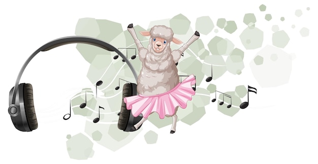 Lindo baile de ovejas y auriculares y símbolos de notas musicales