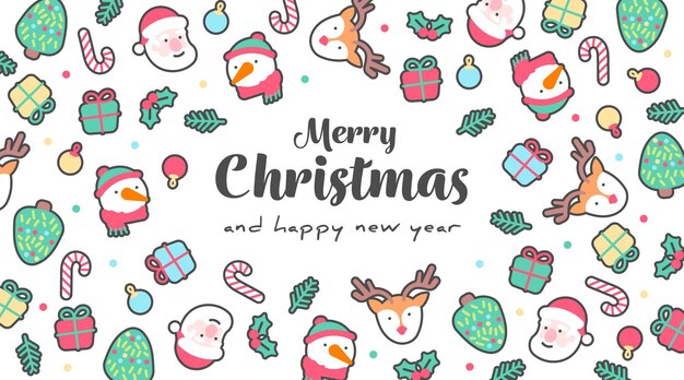Lindo banner navideño con elementos dibujados a mano en el fondo
