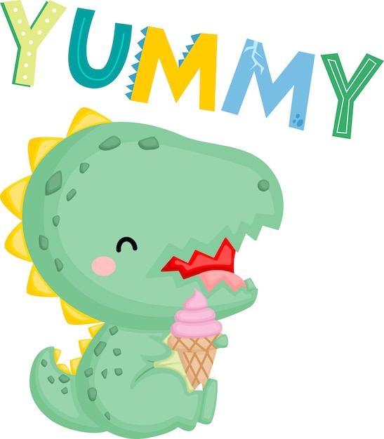 Un lindo bebé dinosaurio con helado vector gratuito
