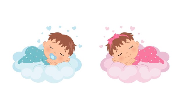 Lindo Bebe Nina Y Nino Durmiendo En Una Nube Vector Premium