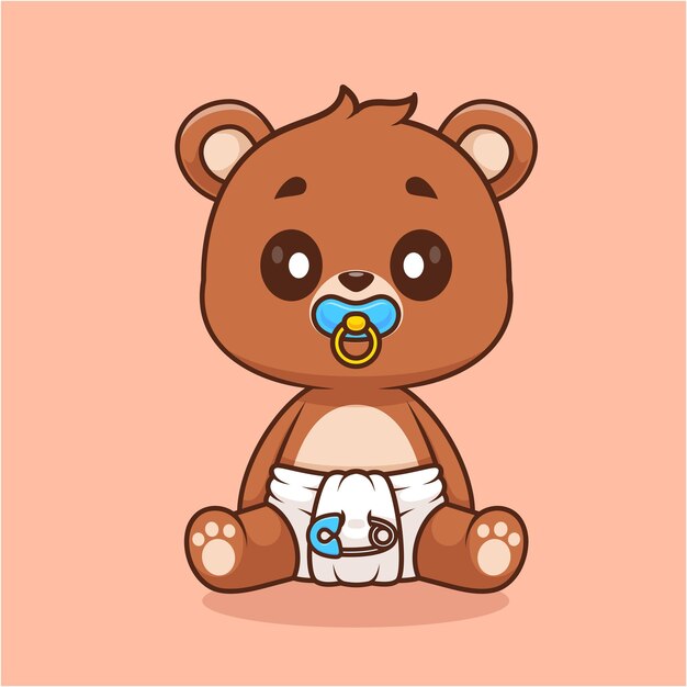 Lindo bebé oso con chupete y pañal Ilustración de icono vectorial de dibujos animados Naturaleza animal aislada