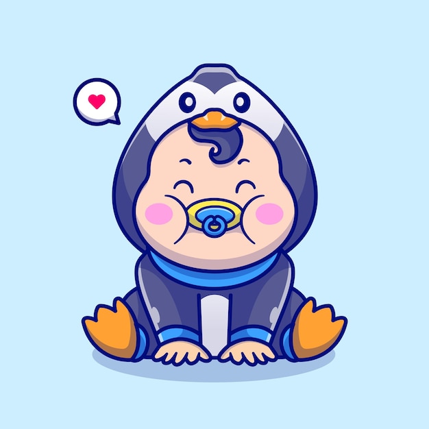 Vector gratuito lindo bebé con traje de pingüino con ilustración de icono de vector de dibujos animados de chupete. icono de animales de personas