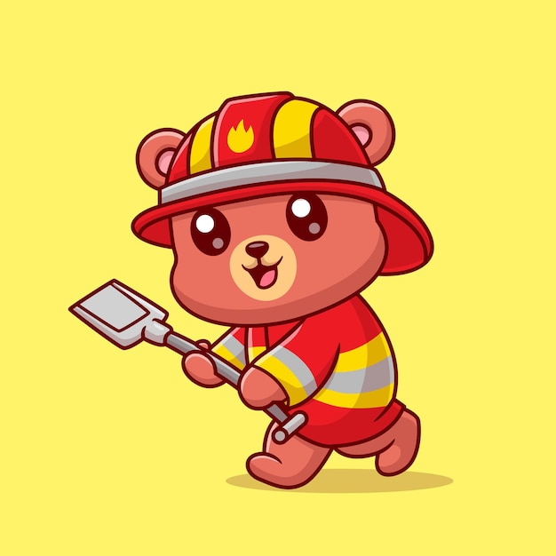 Lindo bombero oso con pala Ilustración de icono vectorial de dibujos animados Profesión animal piso aislado