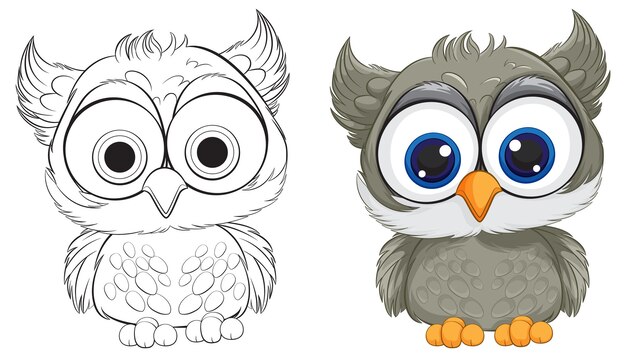 El lindo búho de dibujos animados antes y después de colorear