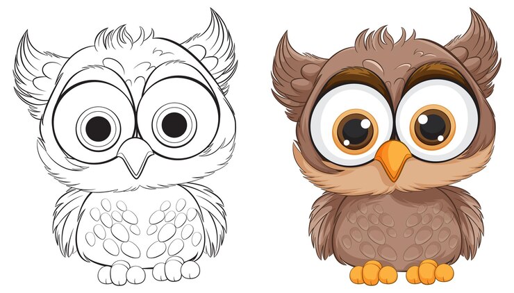 Vector gratuito el lindo búho de dibujos animados antes y después de colorear