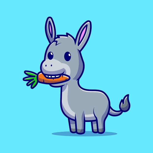 Lindo burro comiendo zanahoria personaje de dibujos animados. Alimentos para animales aislados.