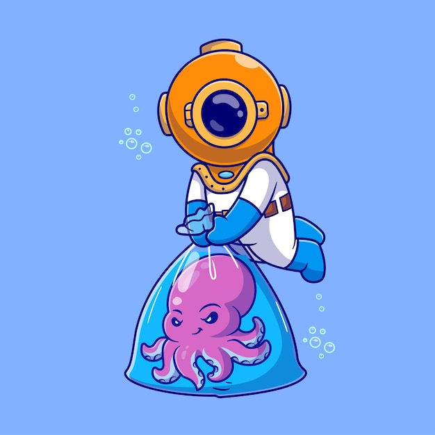 Vector gratuito un lindo buzo atrapando pulpo con una bolsa de plástico icono vectorial de dibujos animados ilustración de ciencia animal flat