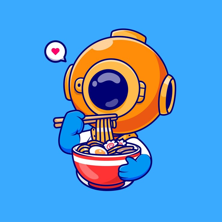 Vector gratuito lindo buzo comiendo fideos ramen dibujos animados vector icono ilustración ciencia icono concepto aislado