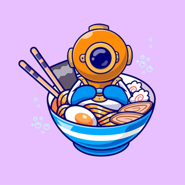 Lindo buzo en fideos de ramen icono vectorial de dibujos animados ilustración ciencia icono de comida vector plano aislado