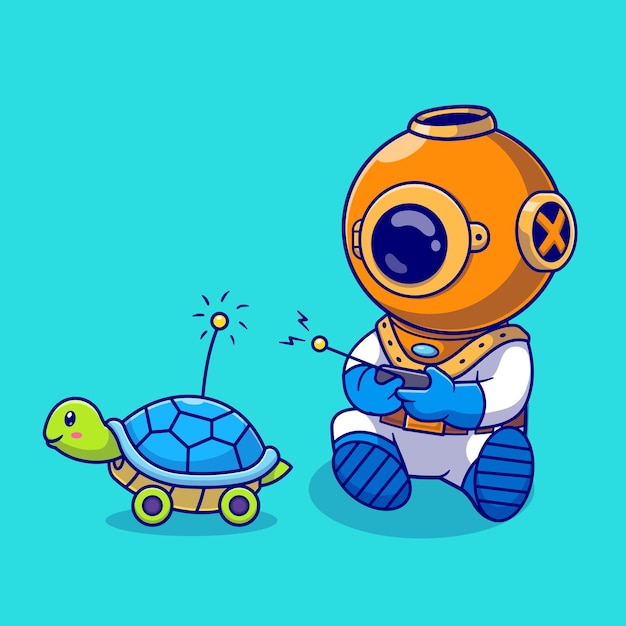 Vector gratuito lindo buzo jugando tortuga control remoto dibujos animados vector icono ilustración. ciencia animal aislado