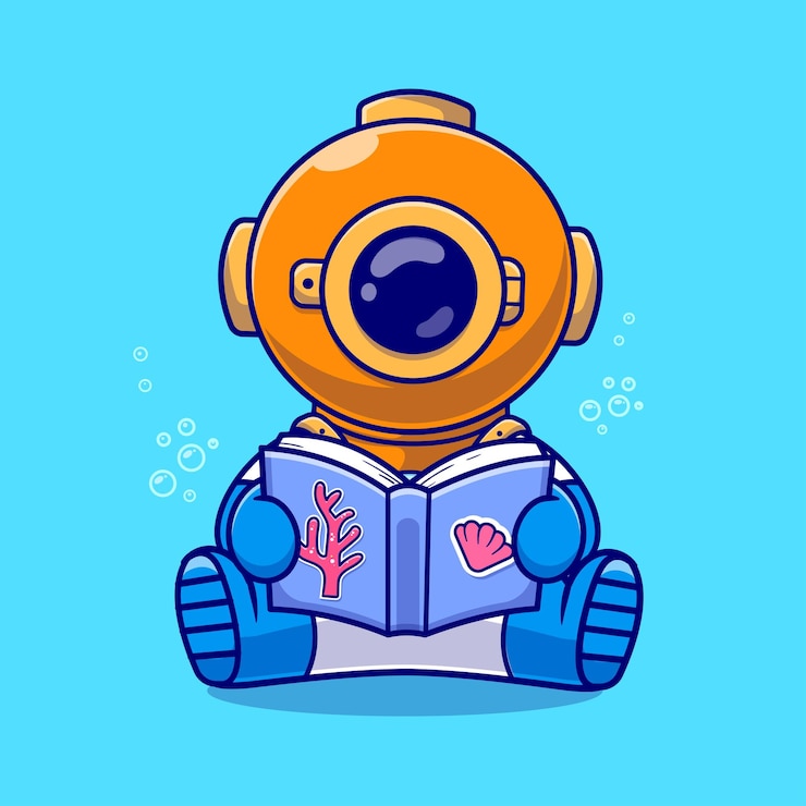 Vector gratuito lindo buzo leyendo libro dibujos animados vector icono ilustración ciencia educación aislado vector plano