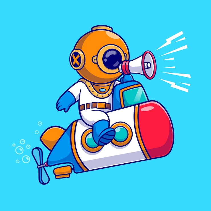 Vector gratuito lindo buzo montando submarino en el océano y hablando en megáfono cartoon vector icono ilustración