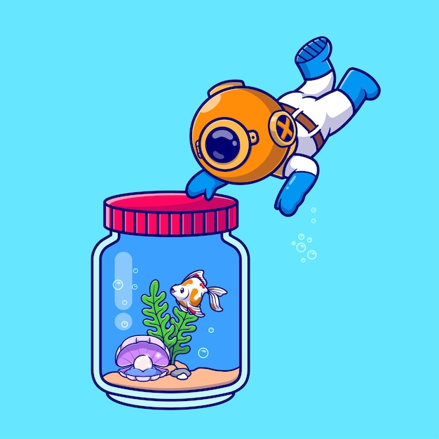 Lindo buzo con pescado en frasco icono vectorial de dibujos animados ilustración ciencia icono animal aislado plano