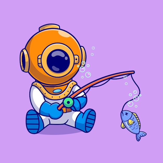 Lindo buzo pescando peces en el océano de dibujos animados Vector icono ilustración. Icono de animales de ciencia aislado