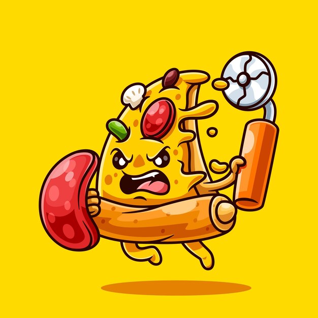 El lindo caballero de la pizza luchando con un icono vectorial de dibujos animados Ilustración de personas Icono de comida Vector plano aislado