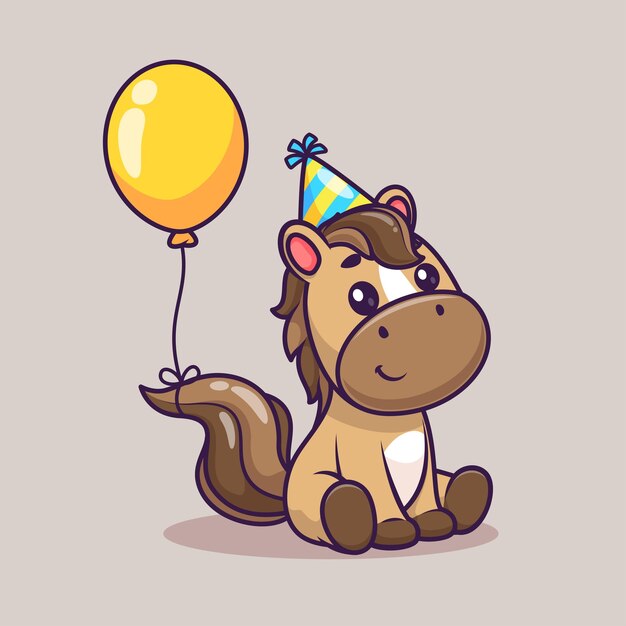 Lindo caballo fiesta de cumpleaños con globo dibujos animados Vector icono ilustración Animal vacaciones aislado