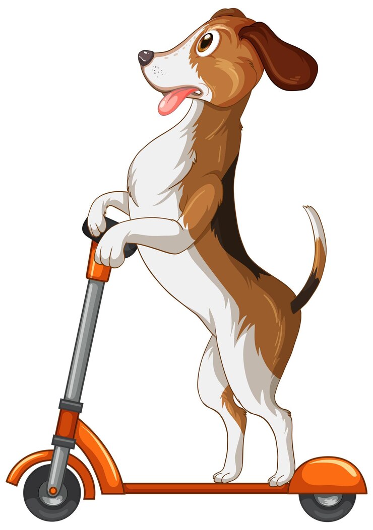 Vector gratuito lindo cachorro perro jugando scooter sobre fondo blanco.