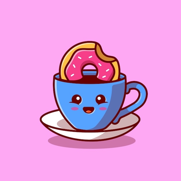 Vector gratuito lindo café caliente con dibujos animados de donut