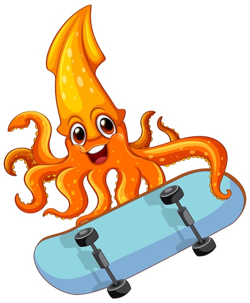 Lindo calamar naranja jugando patineta