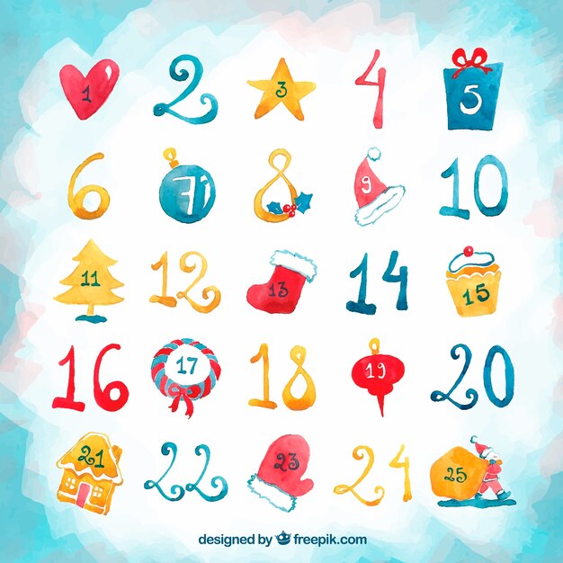Lindo calendario de advenimiento de acuarela azul