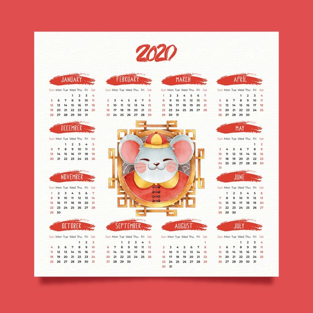 Vector gratuito lindo calendario de año nuevo chino acuarela