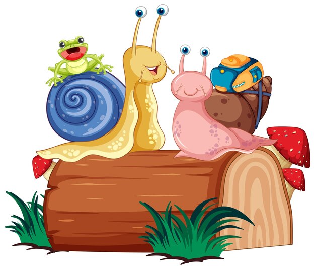Lindo caracol e insectos en estilo de dibujos animados