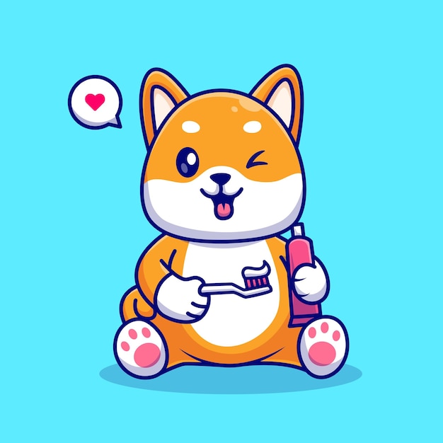 Lindo cepillo de dientes de perro Shiba Inu con ilustración de icono de vector de dibujos animados de pasta de dientes. Icono saludable de animales