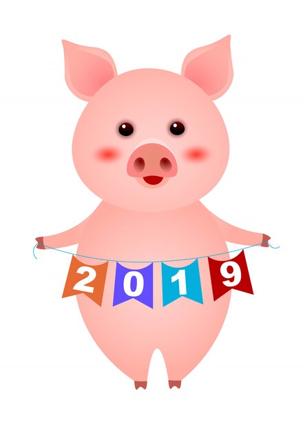 Lindo cerdito con ilustración de año nuevo garland