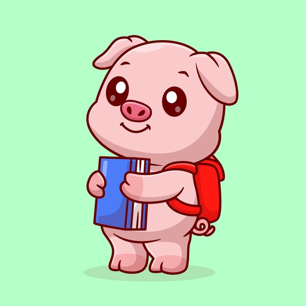 Lindo cerdo estudiante que sostiene un libro con mochila Ilustración de icono vectorial de dibujos animados Educación de animales Flat