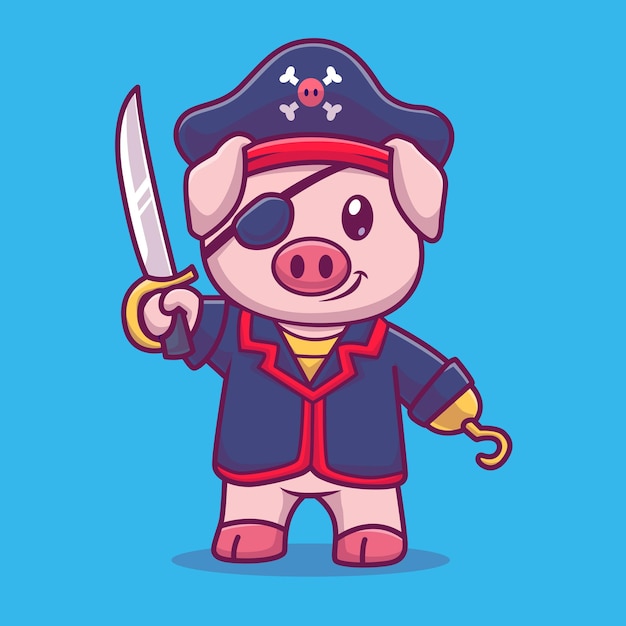 Lindo cerdo pirata sosteniendo espada dibujos animados Vector icono ilustración Animal vacaciones icono concepto aislado