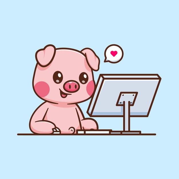 Lindo cerdo trabajando en la computadora dibujos animados icono vectorial ilustración tecnología animal aislado plano