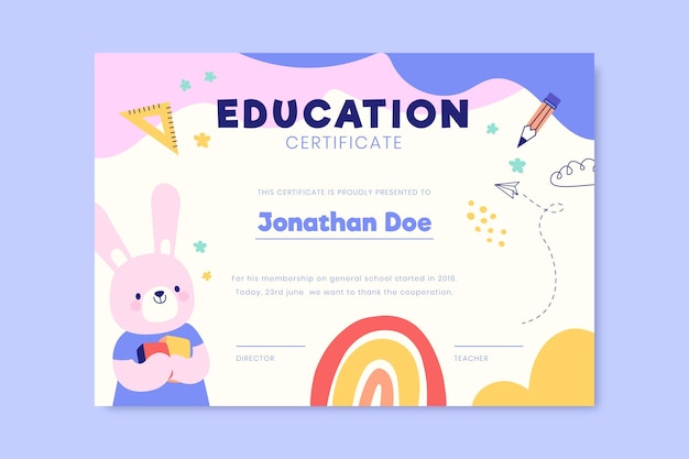 Vector gratuito lindo certificado de educación pastel