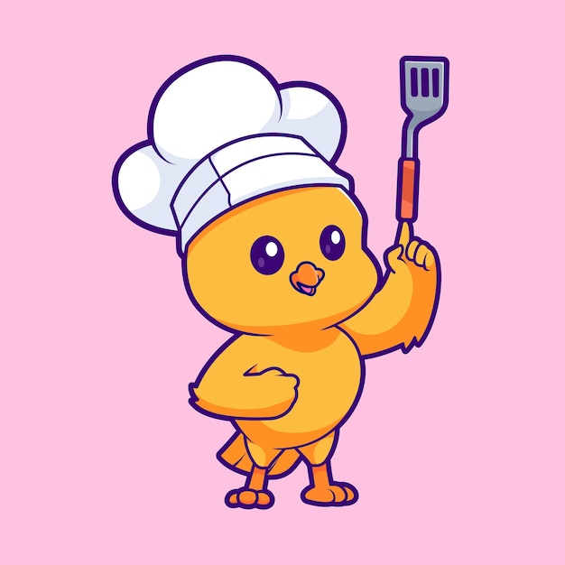 El lindo chef de pollo sosteniendo la espátula icono vectorial de dibujos animados Ilustración icono de comida para animales aislado plano