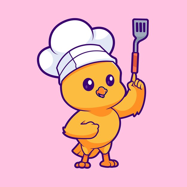 El lindo chef de pollo sosteniendo la espátula icono vectorial de dibujos animados Ilustración icono de comida para animales aislado plano