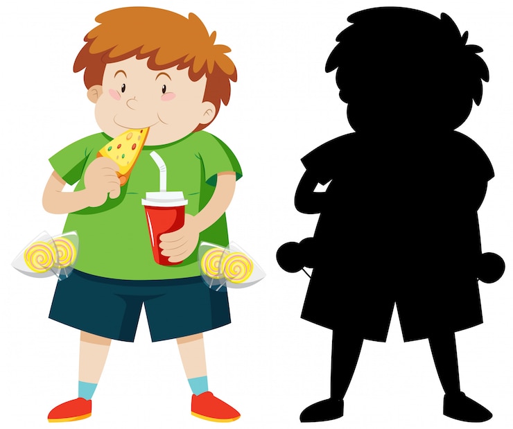 Vector gratuito lindo chico gordo comiendo pizza en color y silueta