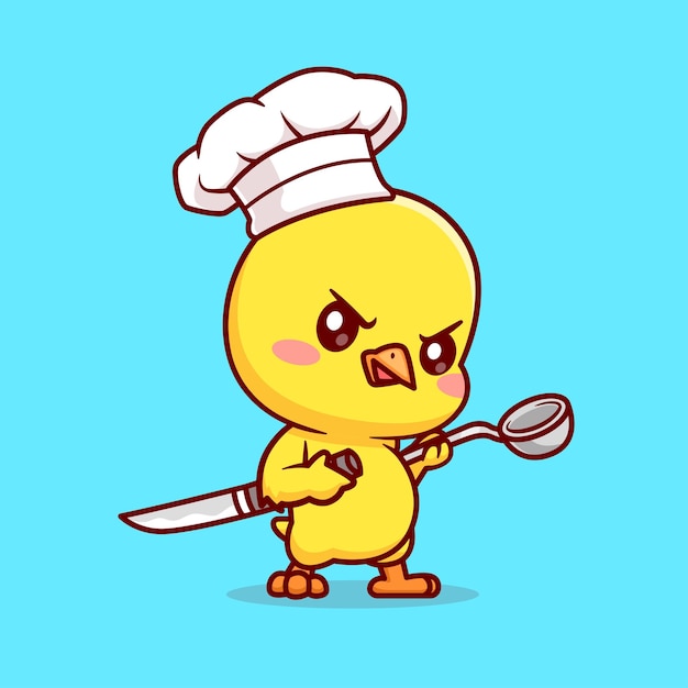 Vector gratuito lindo cocinero de pollo con cuchillo y cuchara icono vectorial de dibujos animados ilustración de alimentos para animales aislados