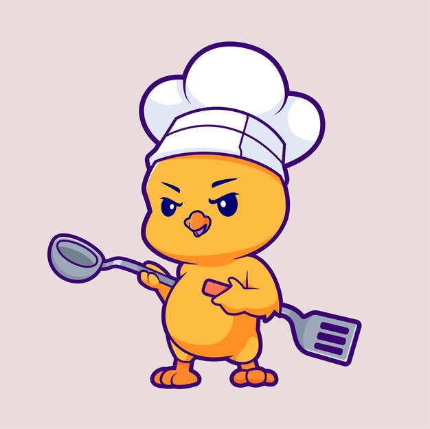 Lindo cocinero de pollo con espátula y cuchara icono vectorial de dibujos animados Ilustración de alimentos para animales aislados