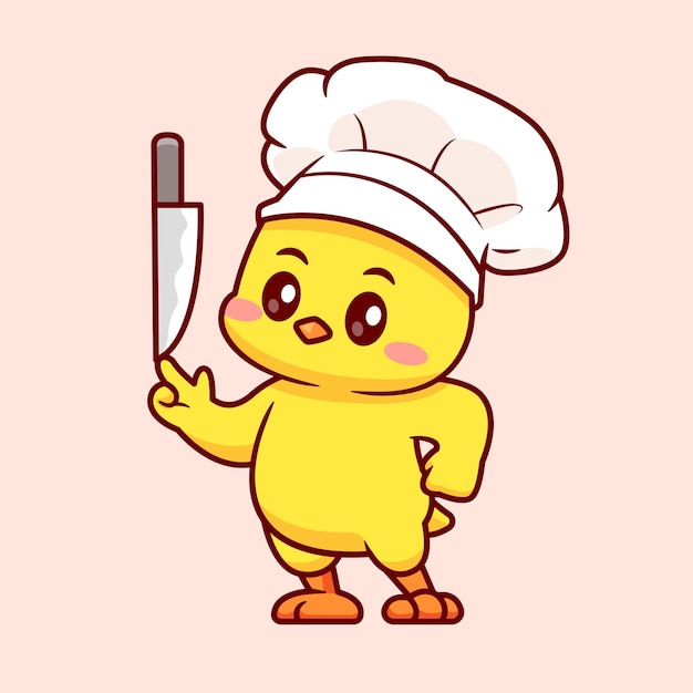 Lindo cocinero de pollo sosteniendo un cuchillo Vector de dibujos animados Icono Ilustración de alimentos para animales Vector plano aislado