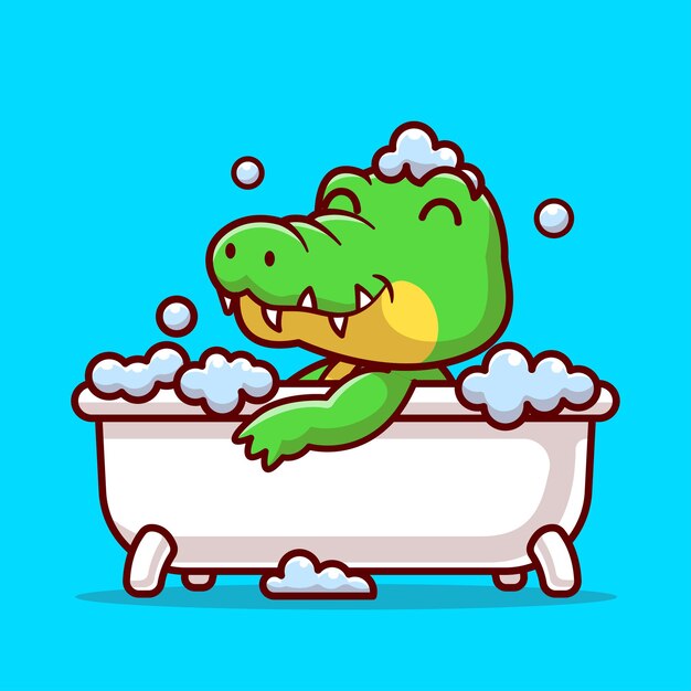 Lindo cocodrilo bañándose en la bañera Dibujos animados Vector Icono Ilustración Animal Naturaleza Icono aislado