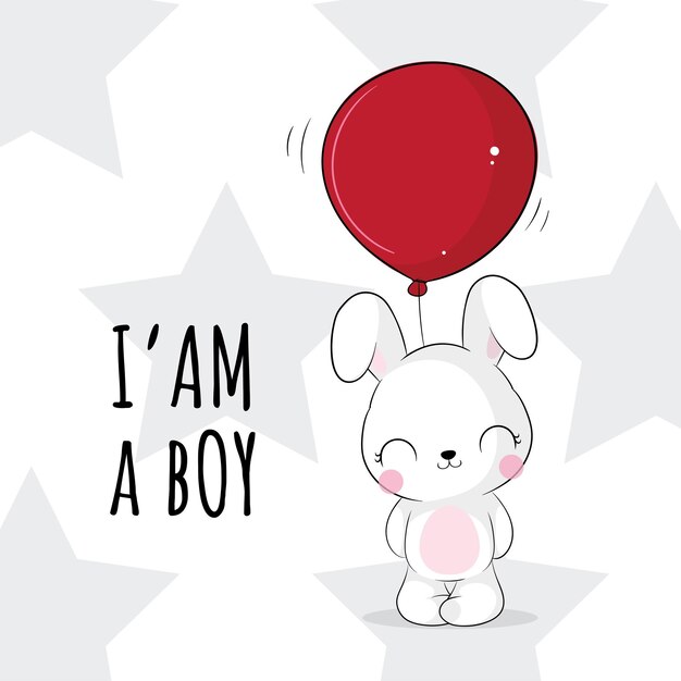 Lindo conejito animal plano con ilustración de globo rojo para niños. Lindo personaje de conejito