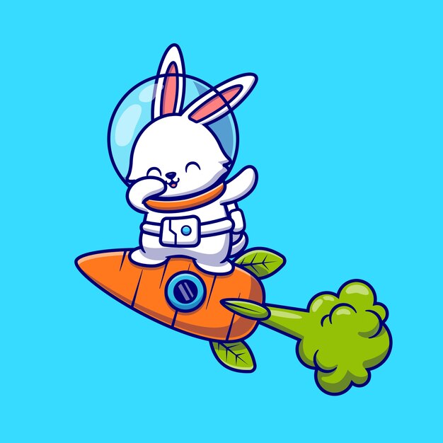 Lindo conejo astronauta dabbing y volando con zanahoria Rocket Cartoon Icon Illustration. Concepto de icono de tecnología animal aislado. Estilo de dibujos animados plana