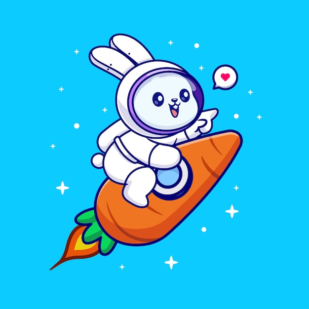 Lindo conejo astronauta montando zanahoria cohete dibujos animados icono vectorial ilustración comida animal aislada