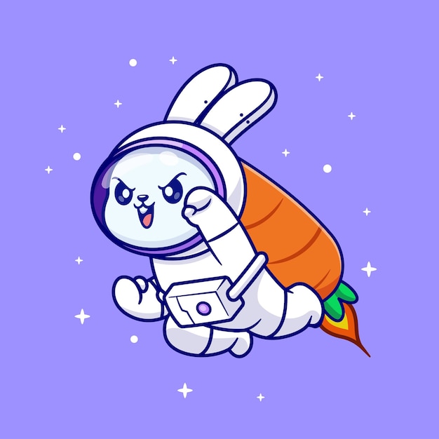 Lindo conejo astronauta volando con zanahoria cohete dibujos animados icono vectorial ilustración alimento para animales plano