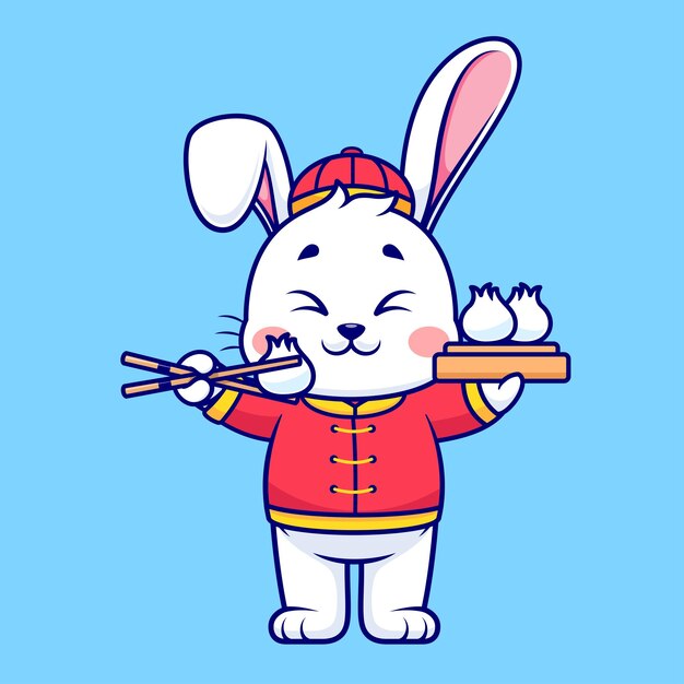Lindo conejo chino comiendo Dim Sum con palillos de caricatura Ícono vectorial Ilustración de comida animal plana