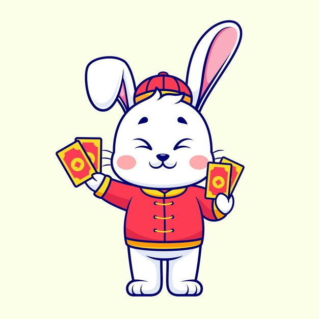 El lindo conejo chino sosteniendo el icono vectorial de dibujos animados de Angpao Ilustración de animales vacaciones aisladas